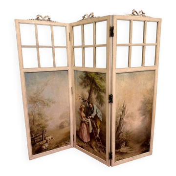 Paravent a trois feuilles style Louis XVI a décors Romantique et paysages