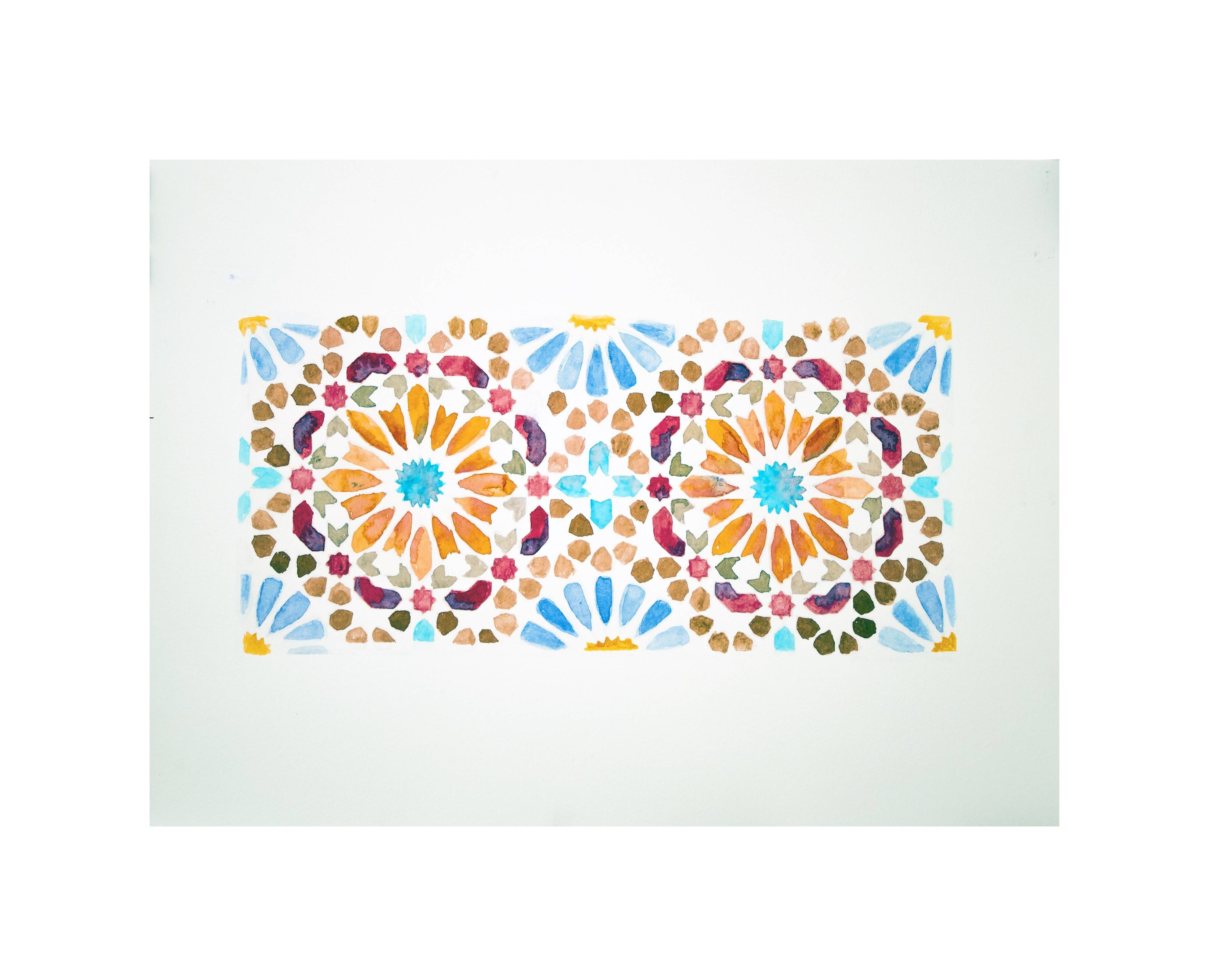 Original watercolor Arabic tile. Arabic tile painting. Watercolor Mozarabic pattern. Mozarabic pattern.