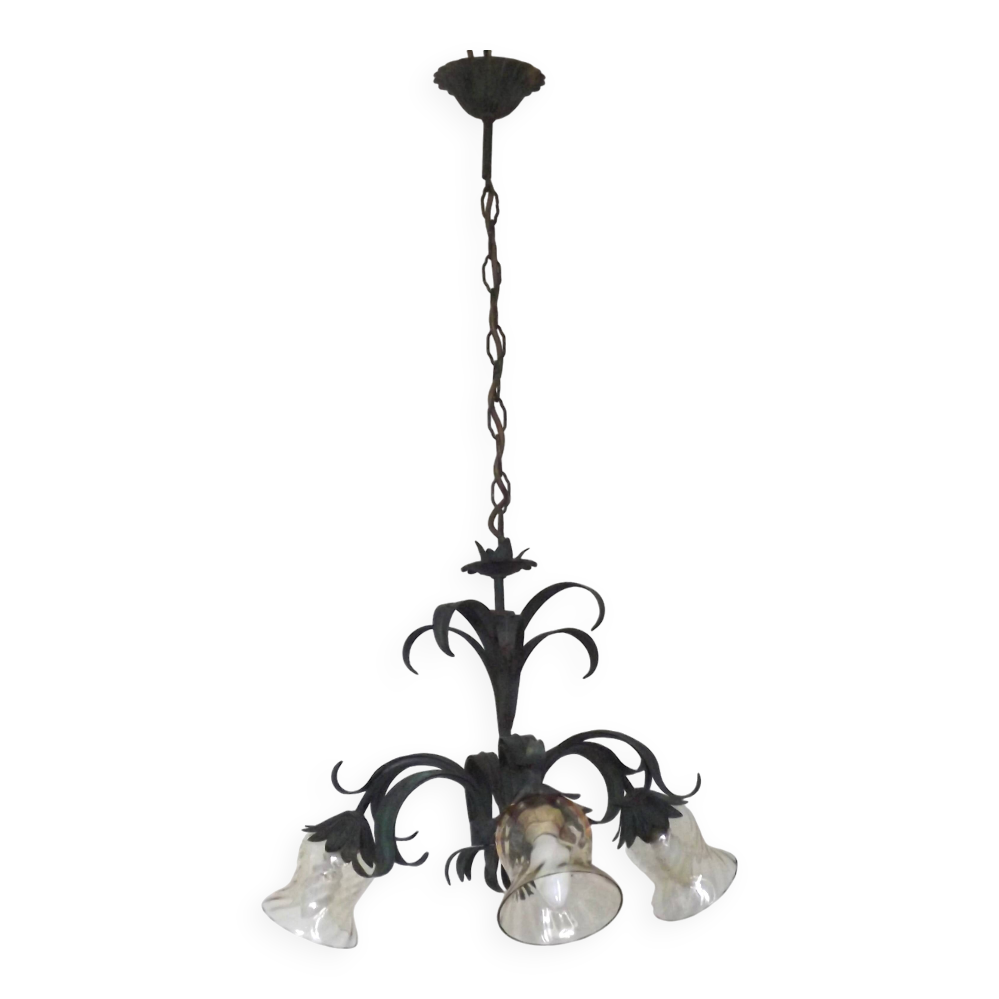 French vintage chandelier 3 lights green leaf amber glass 4966