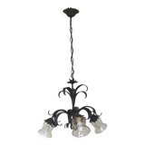 Vintage French Chandelier 3 Lights Green Leaves Amber Glass 4966