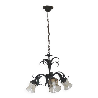 Lustre vintage français 3 lumières feuilles vertes en verre ambre 4966