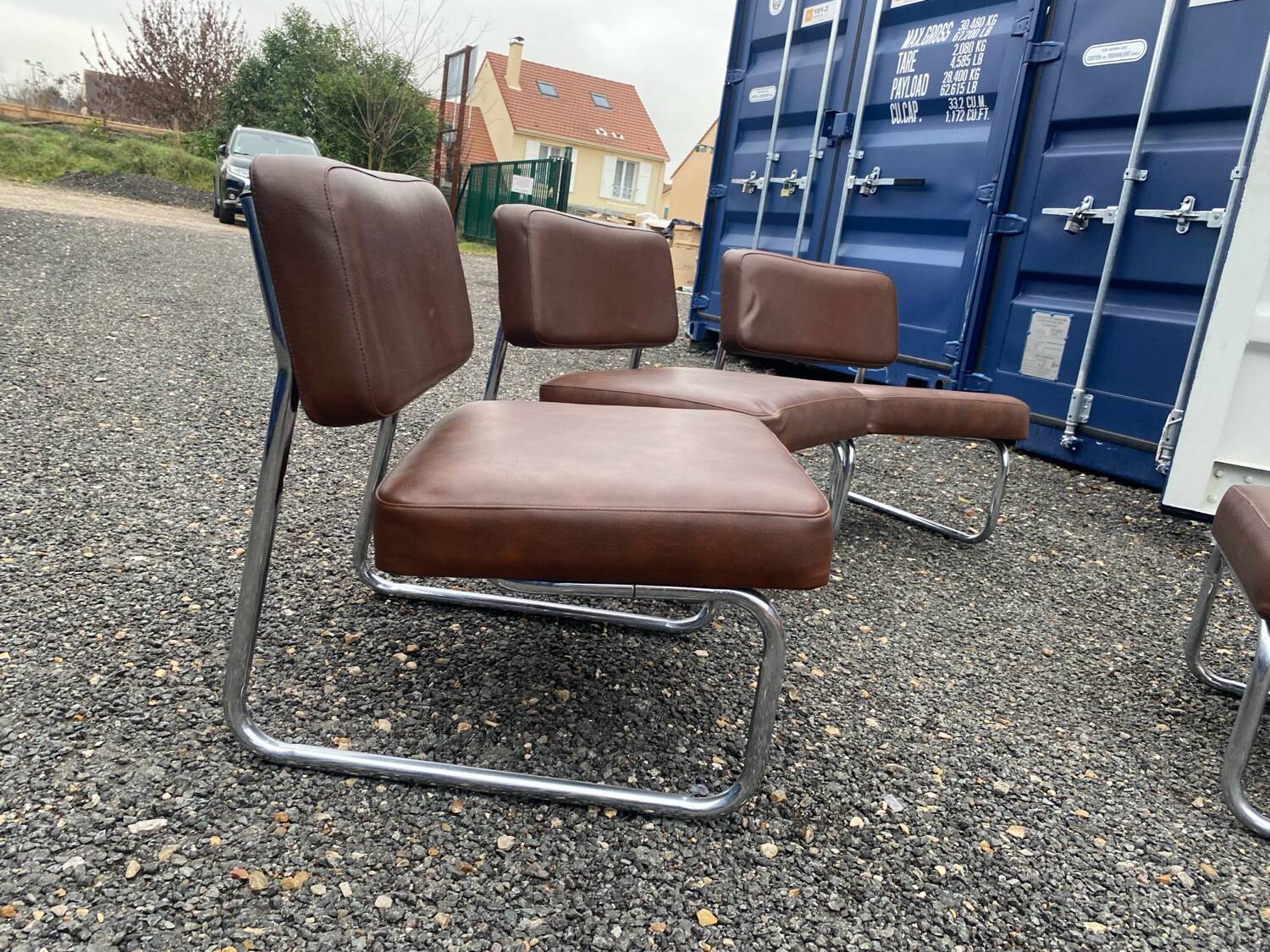 Set of 3 vintage 70s armchairs + pouffe – Brown faux leather