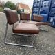 Set of 3 vintage 70s armchairs + pouffe – Brown faux leather