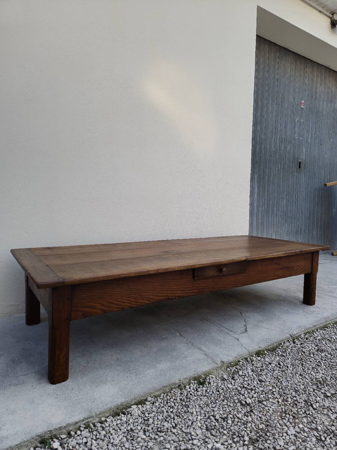 Rustic farmhouse coffee table with two drawers, solid oak, 19th century - 1.97m