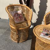 Set of two vintage rattan armchairs and table