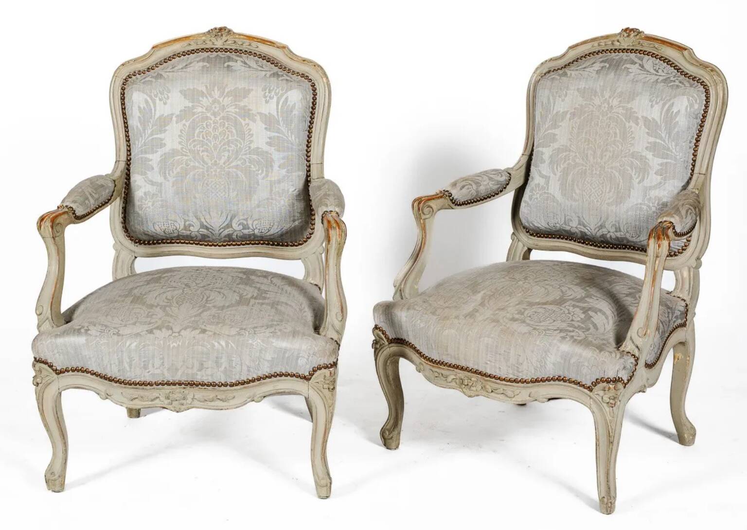 Pair of Louis XV style armchairs in grey lacquered wood.