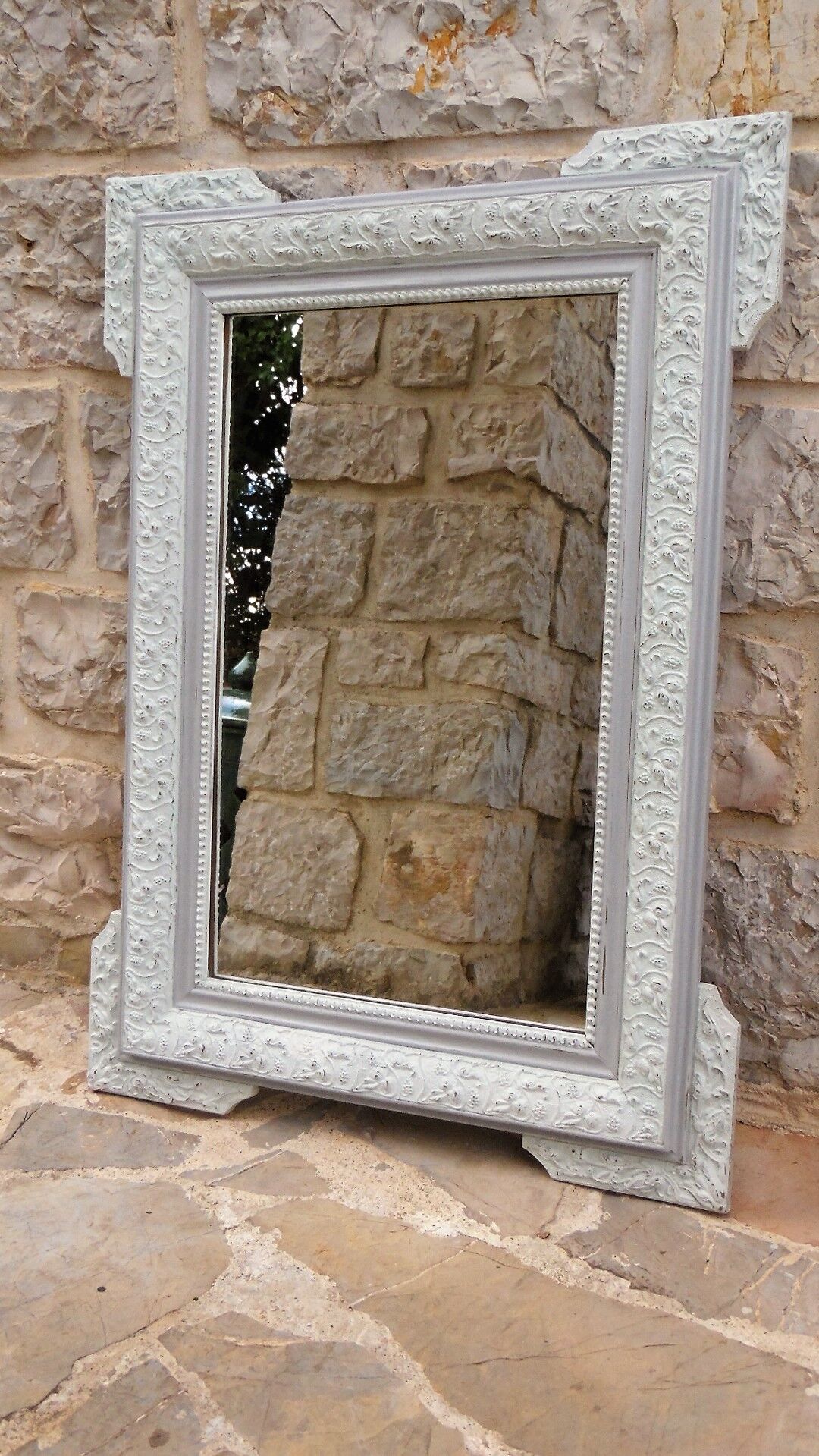 Miroir en bois patine blanc et gris Shabby chic 66x83cm