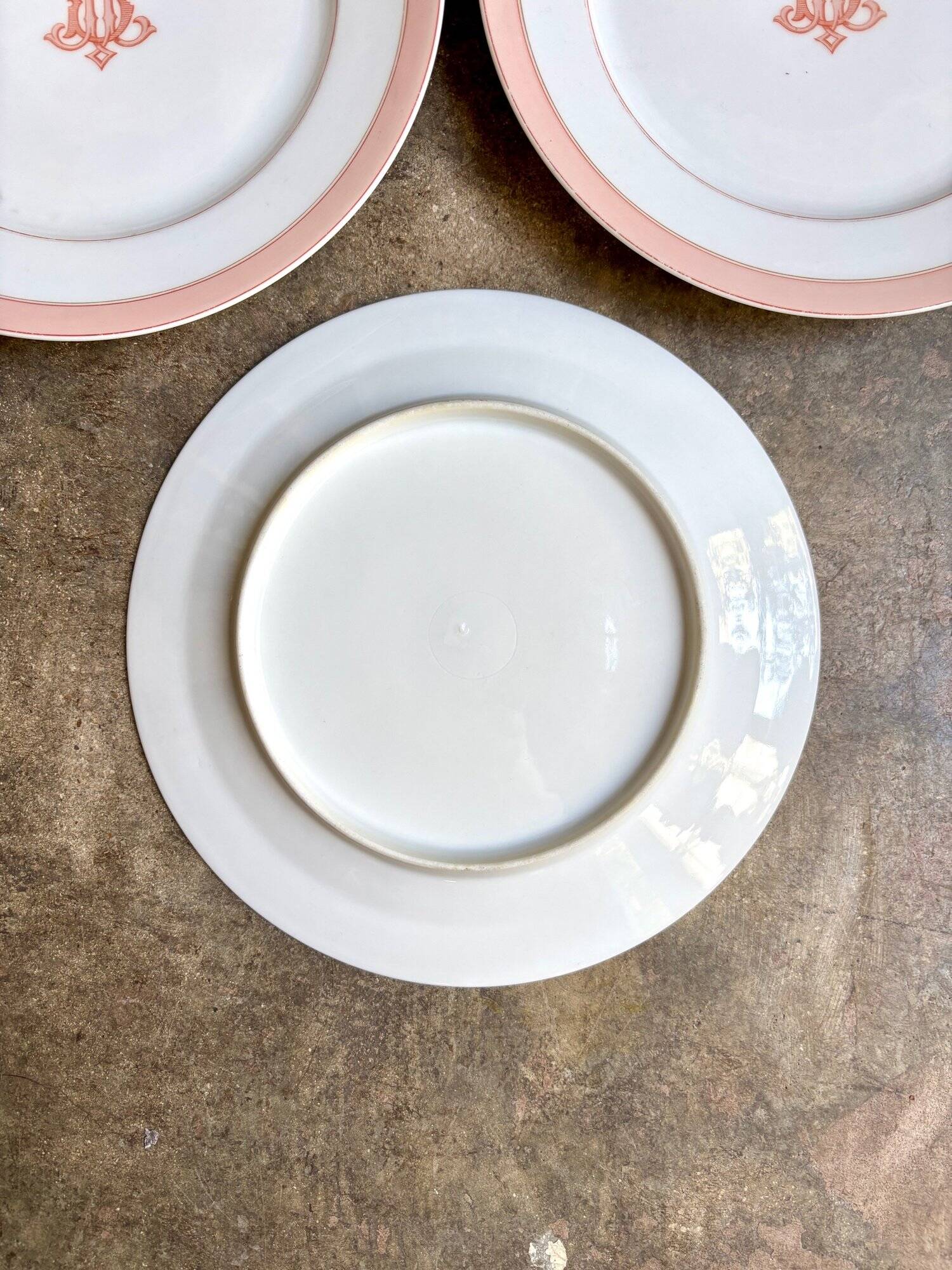 4 monogrammed pink porcelain dessert plates