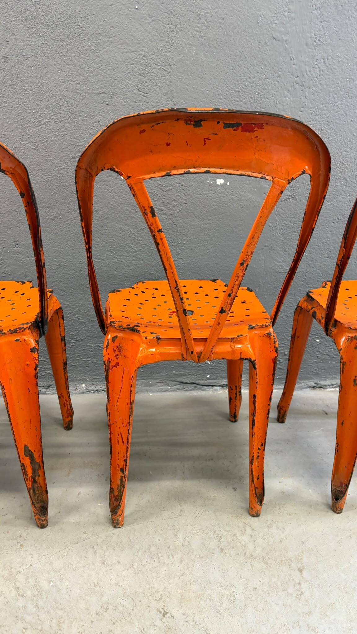 Set of four industrial metal dining chairs by Joseph Mathieu, painted steel, 1920s, France