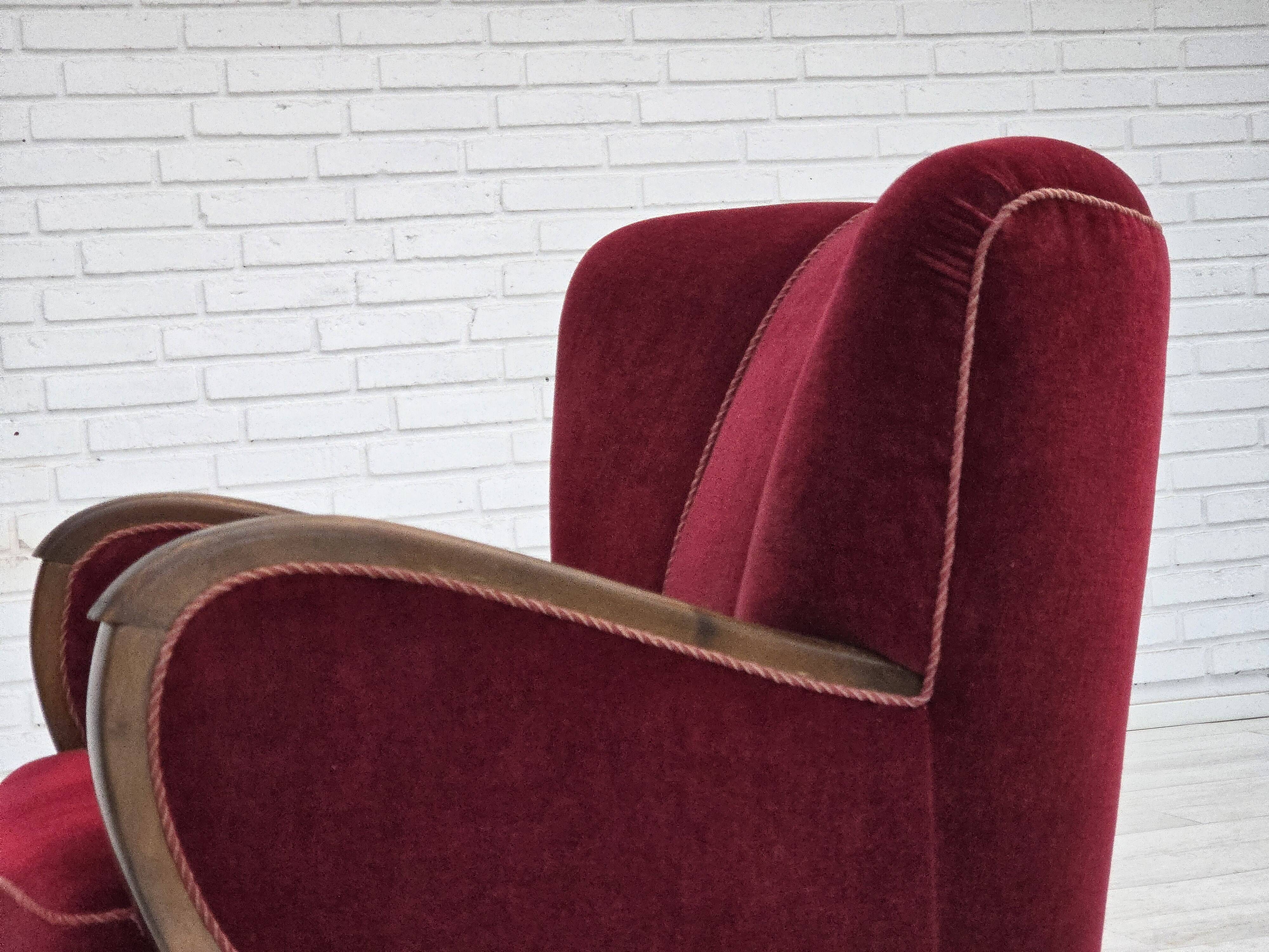 1950s, Danish relax armchair, cherry-red furniture velour, dark beech wood.