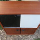 Vintage sideboard with black and white glass doors with cupboard, modernist style, France 1955