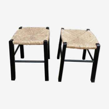 Duo de tabourets bois et paille tressée