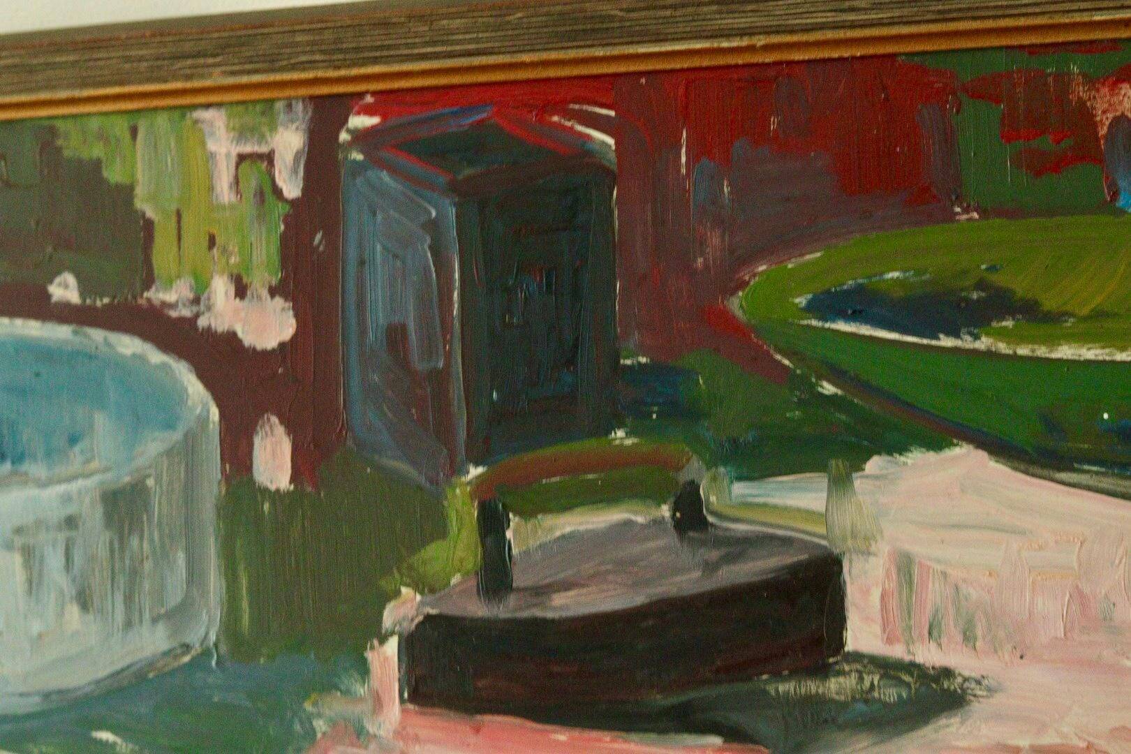 Nature morte suédoise à l'huile sur panneau avec fer et pot par Hugo Nyman