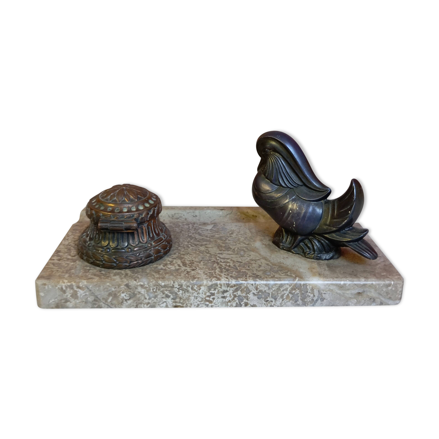 Encrier Art Déco En Régule à Motif D'un Oiseau, Le Socle De Marbre 13 X 25 45732008