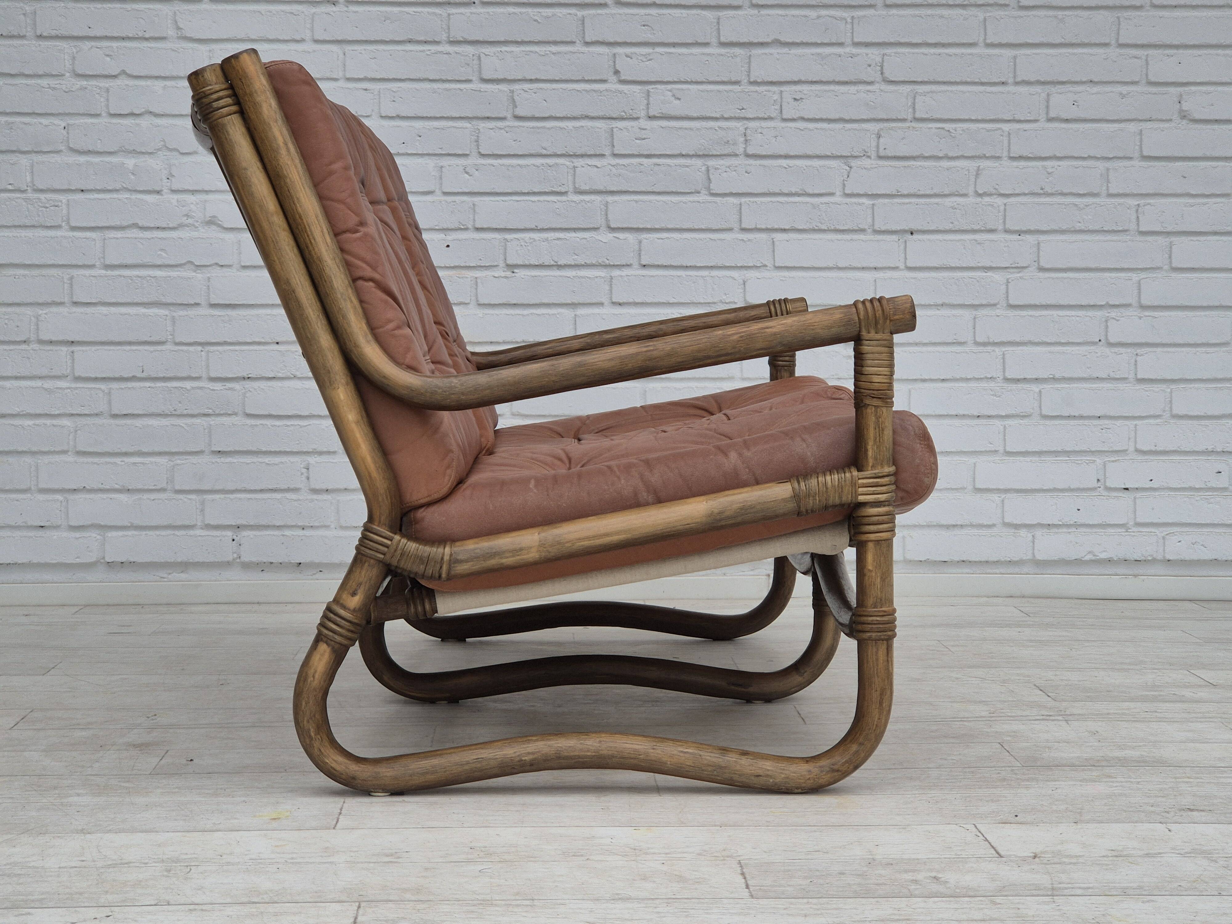 1970s, Scandinavian 2 seater sofa, original very good condition, bamboo, leather.