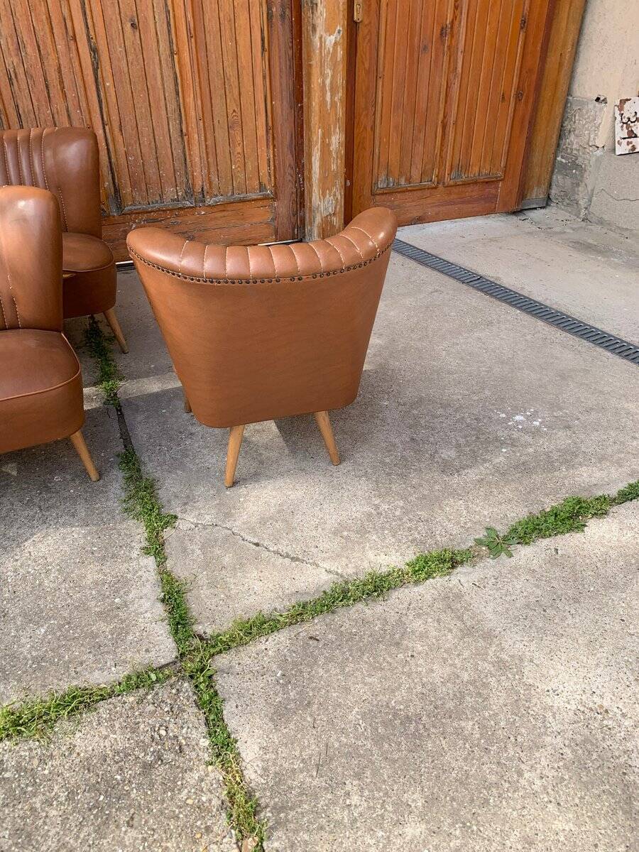 Set vintage années 1950 marron en hêtre et vinyle — 3 chaises cocktail + petit canapé