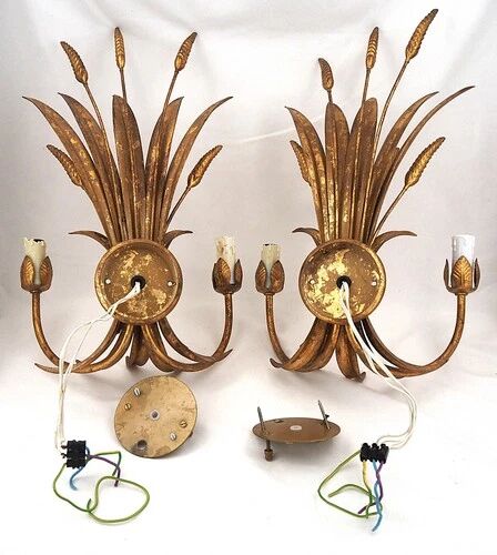 Beautiful pair of wall lights, gold metal, wheat ears, vintage, 48 cm, excellent condition.