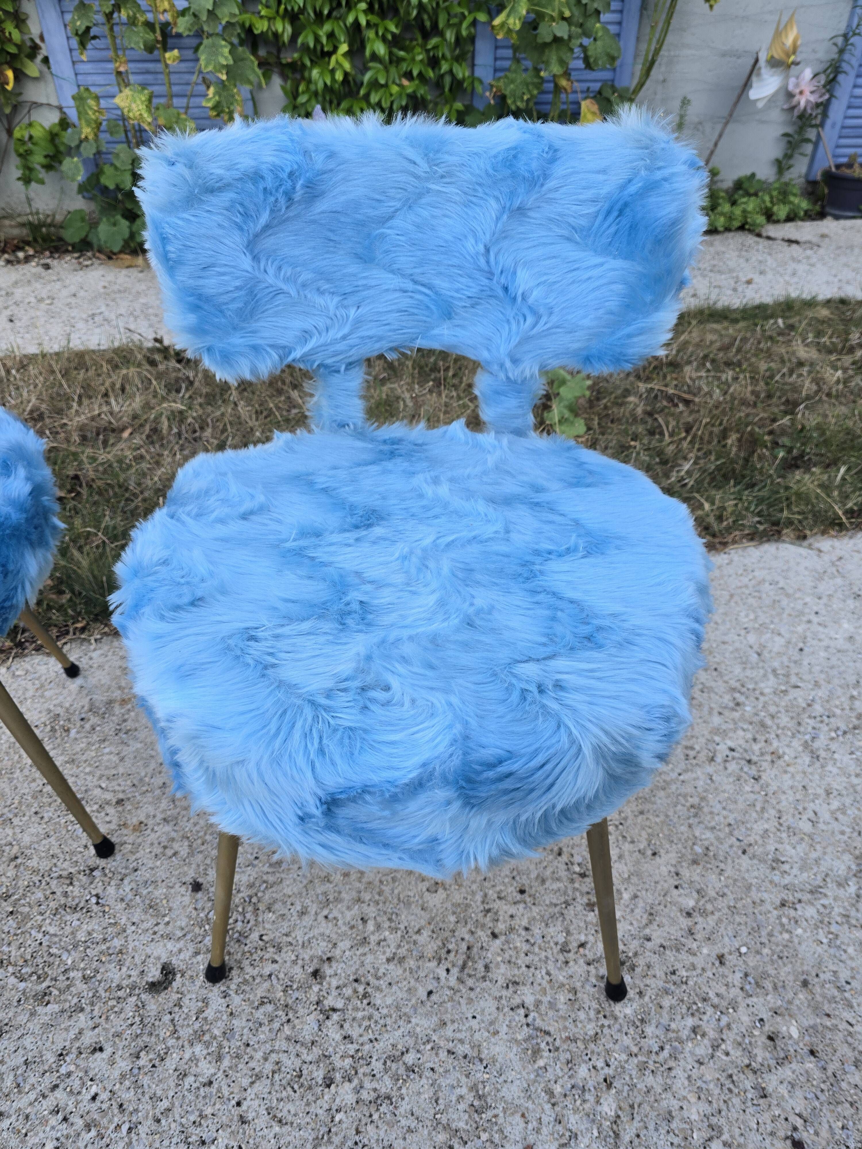 paire de chaises Pelfran fausse fourrure bleue - vintage