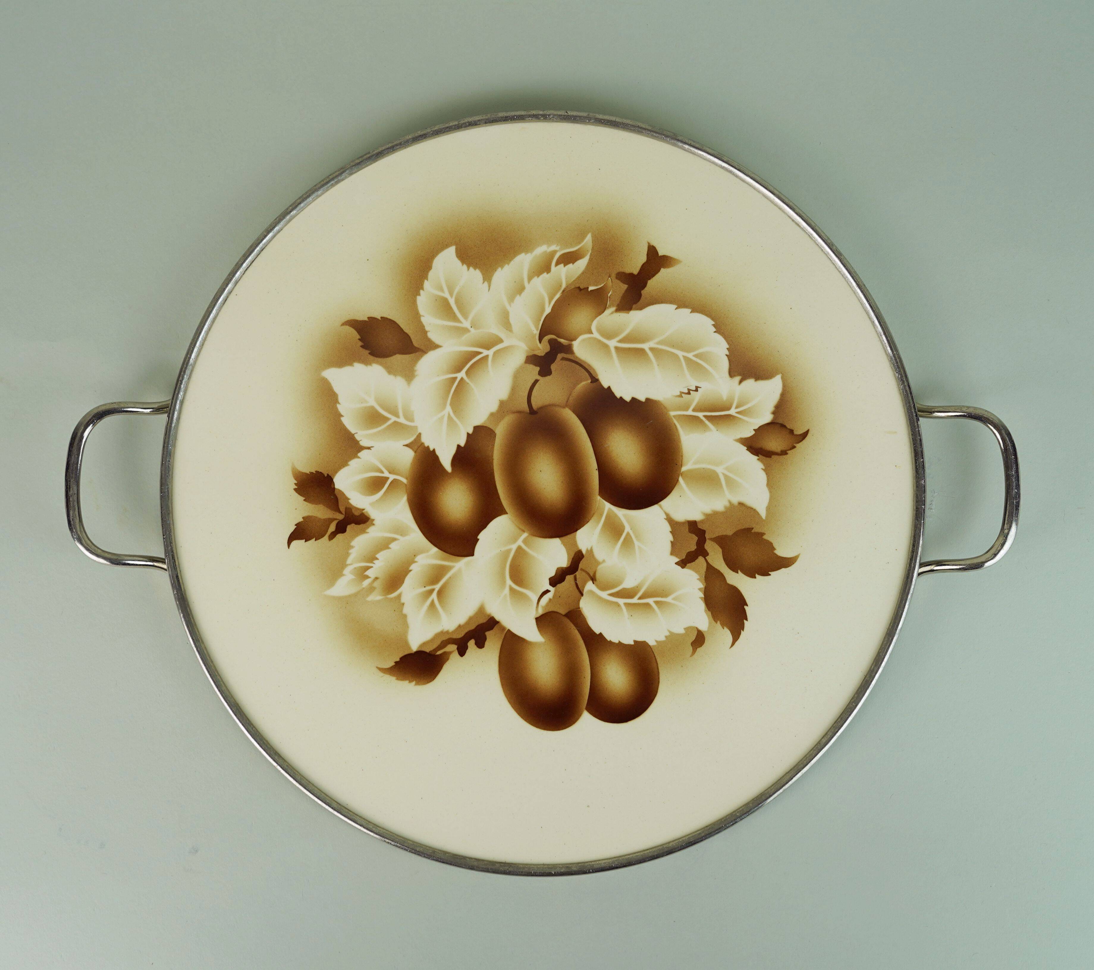 Cake plate art deco ceramic and metal plum decor
