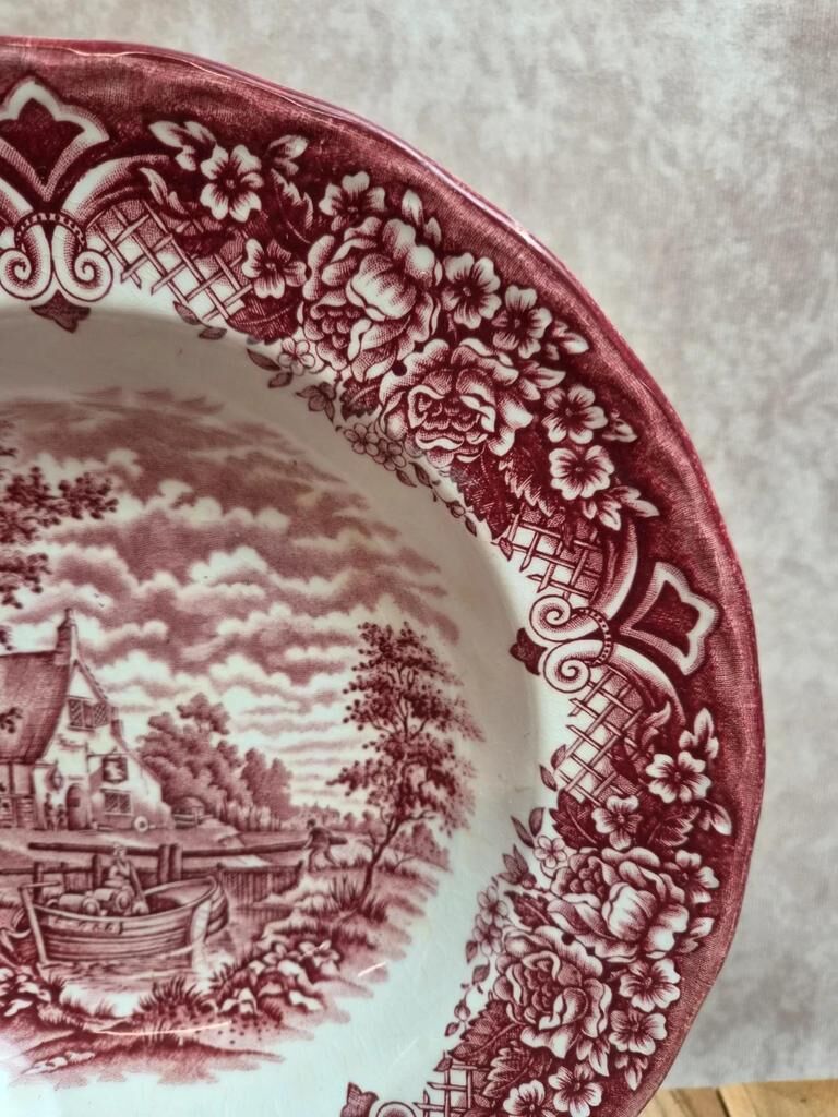 2 vintage deep plates in red Toile de Jouy by Grindley Homeland Staffordshire England.