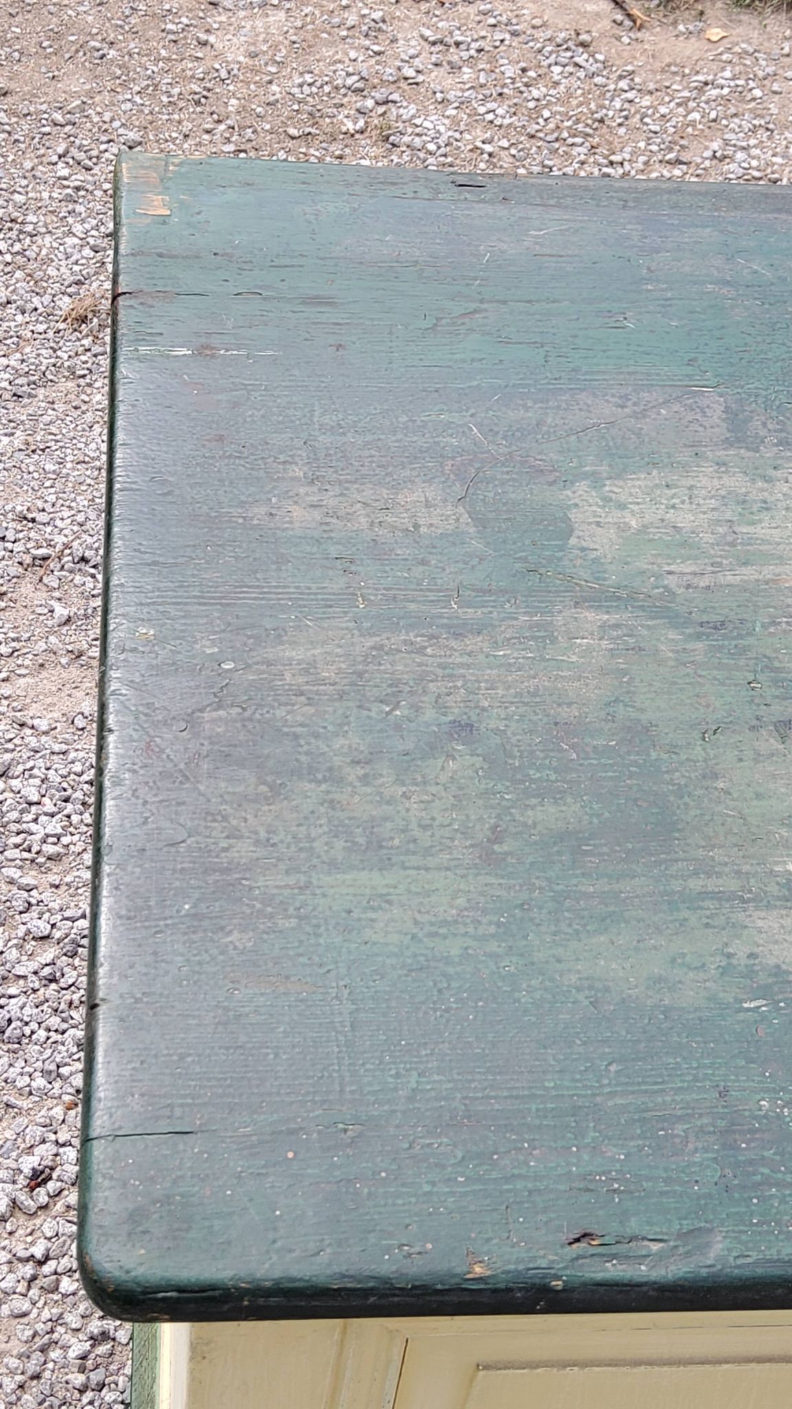 Late 19th century grocery counter in green and yellow patina painted wood