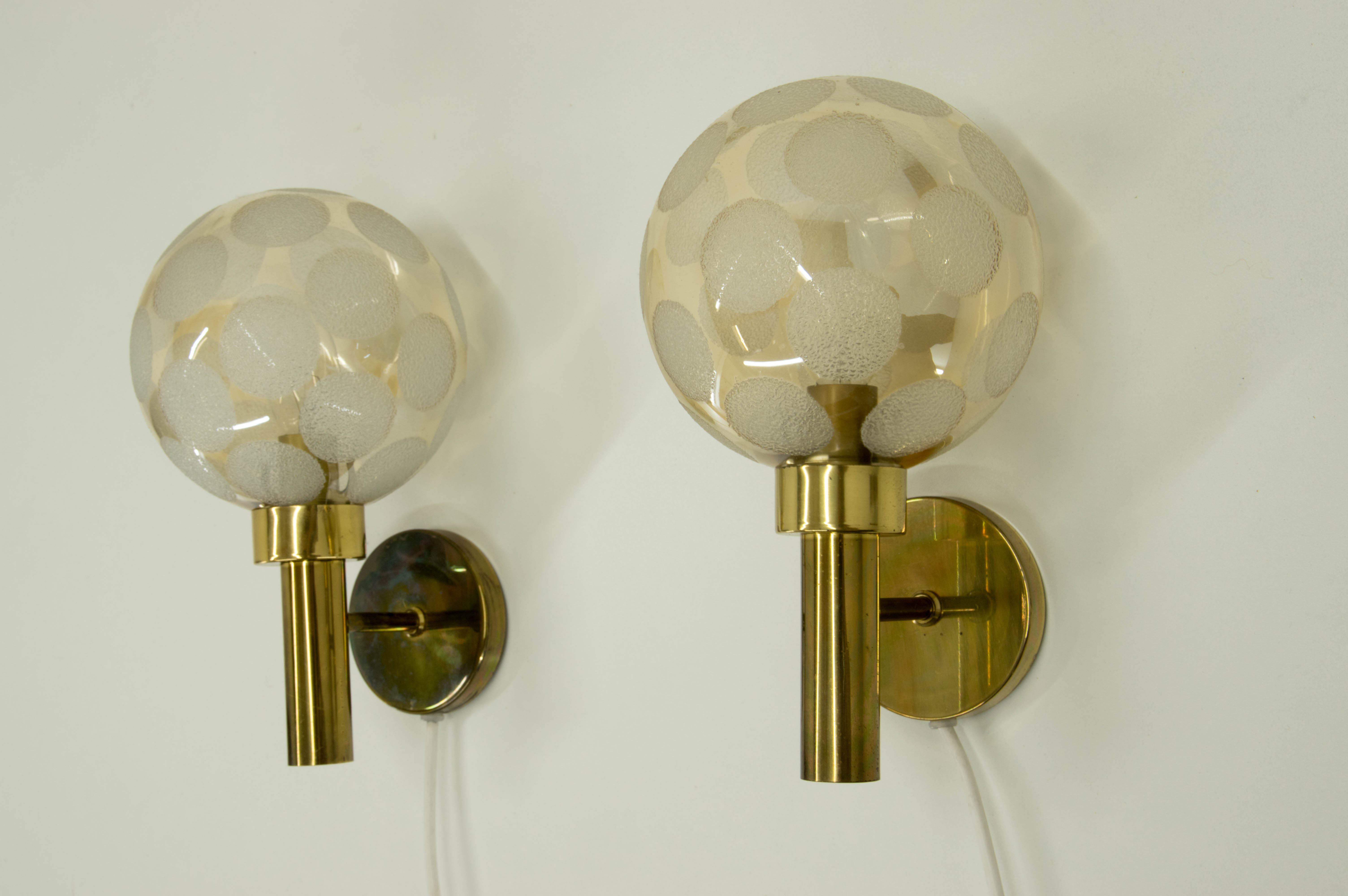 Pair of brass and glass wall lamps, Denmark, 1970s