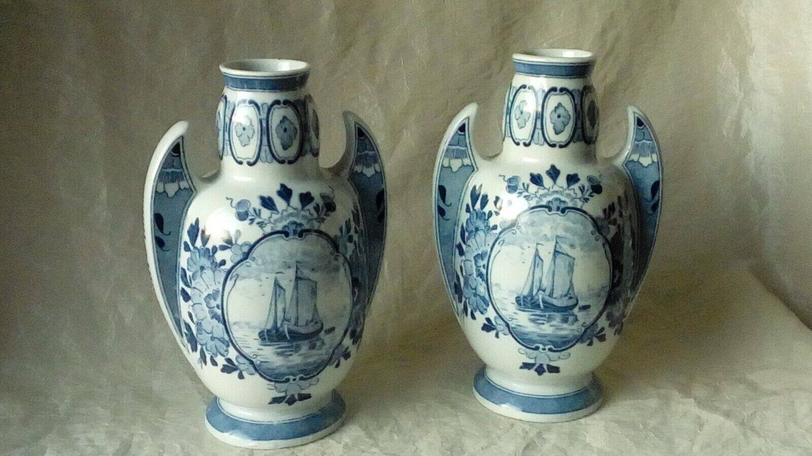 Pair of delft earthenware vases from holland with marine boat decor