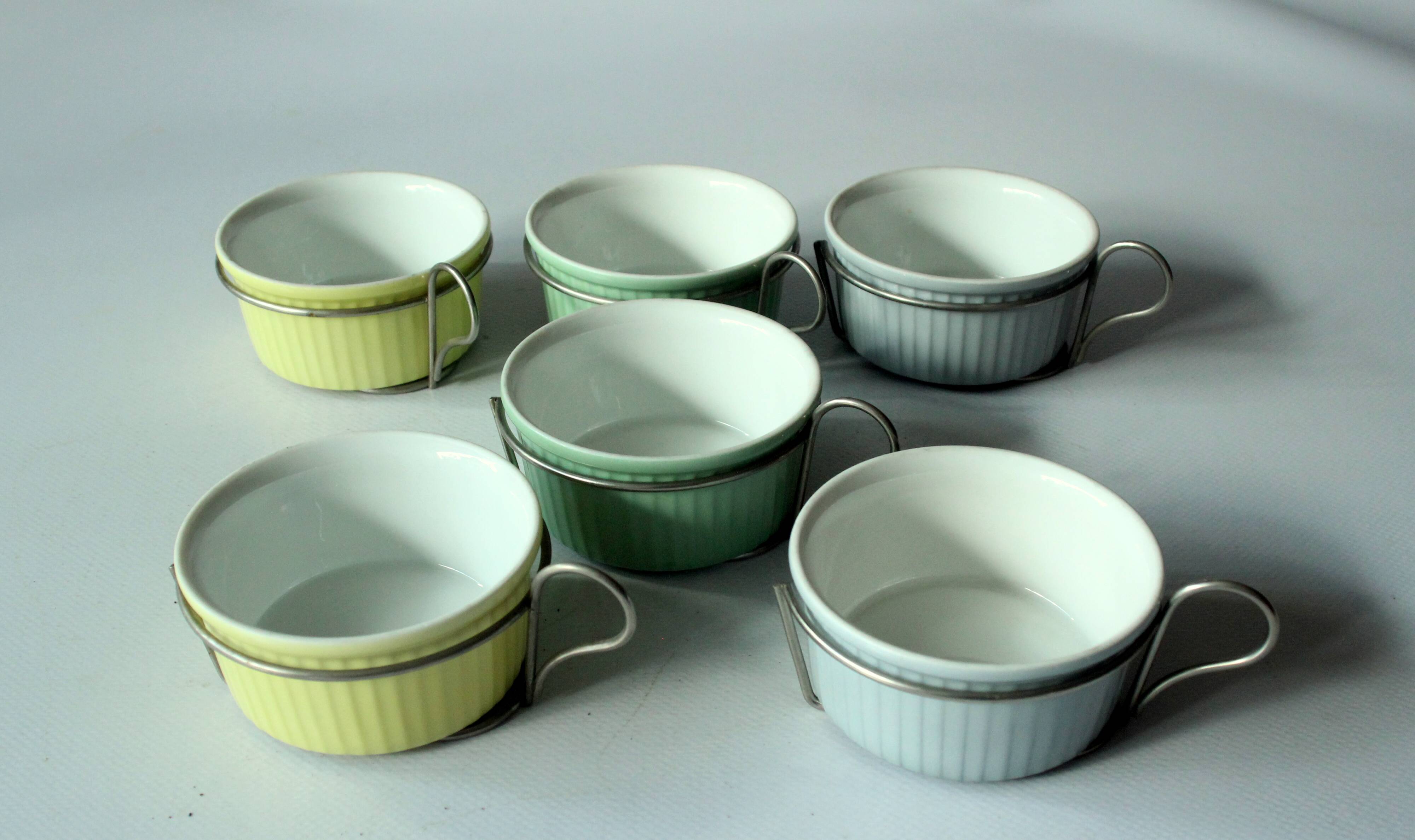 1950s - 6 Round ceramic souffle dishes with holder - made by Rosenthal