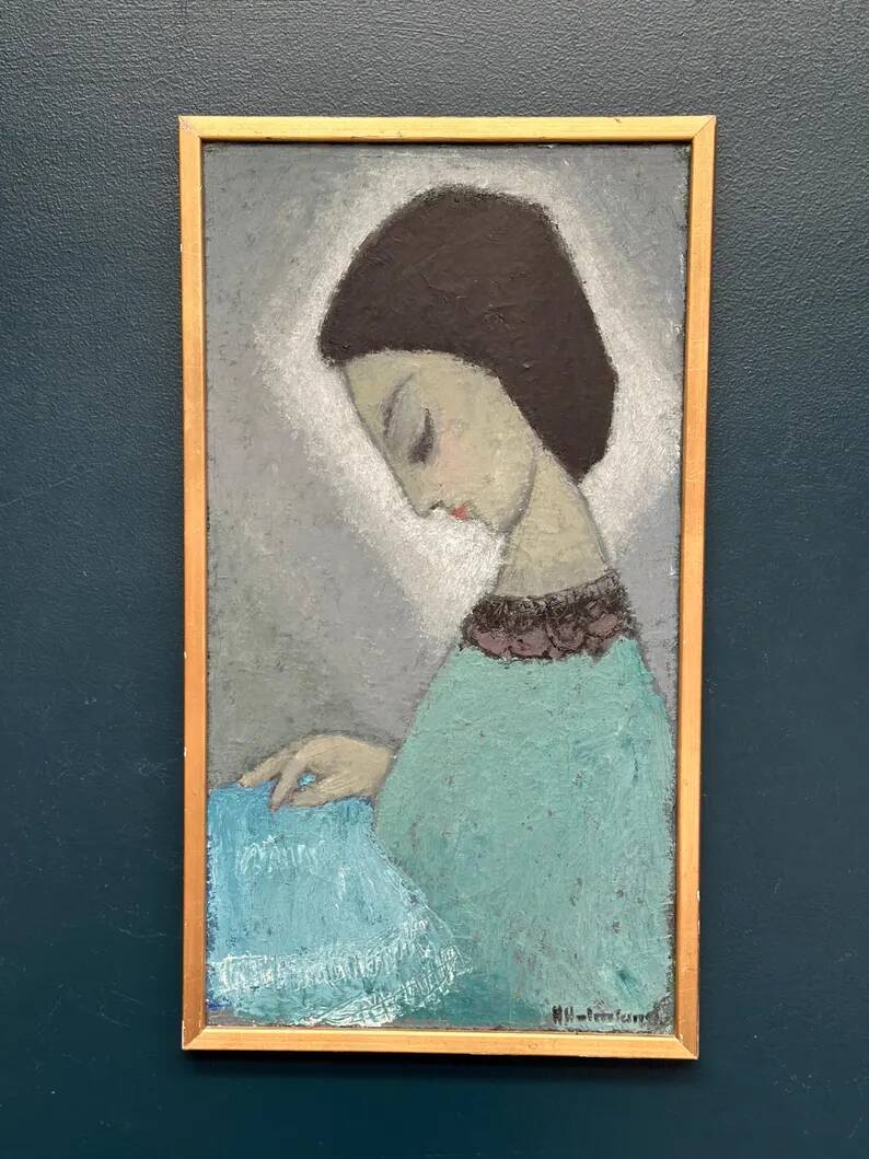 Original Swedish oil on canvas – "Lady" by Helge Holmlund – Signed – vintage and framed – 65 × 36.5 cm (25.6" × 14.4")