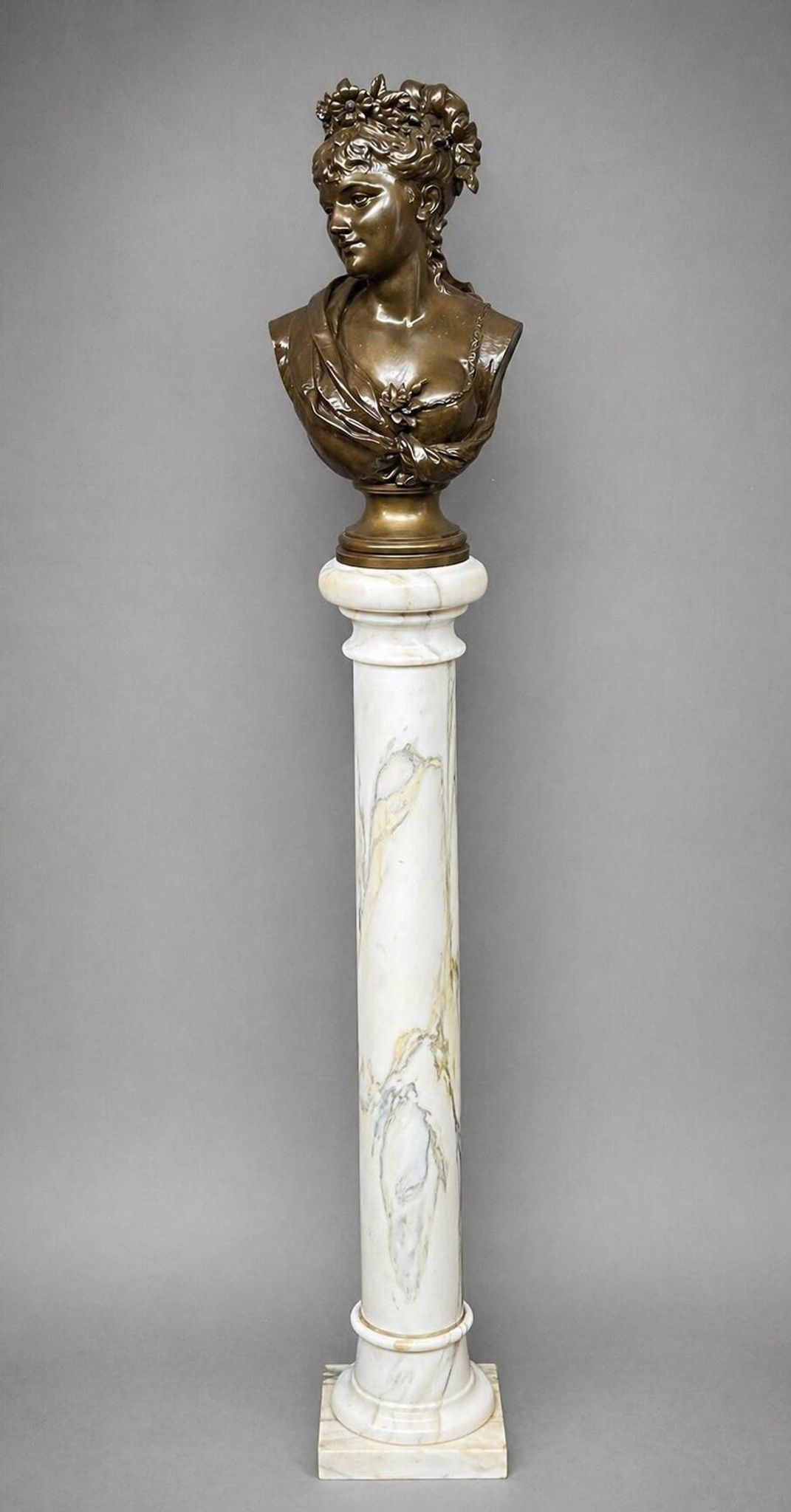 Léopold Harzé (1831–1893). Bronze bust of a young woman on a marble base. Belgium. Dated 1878.