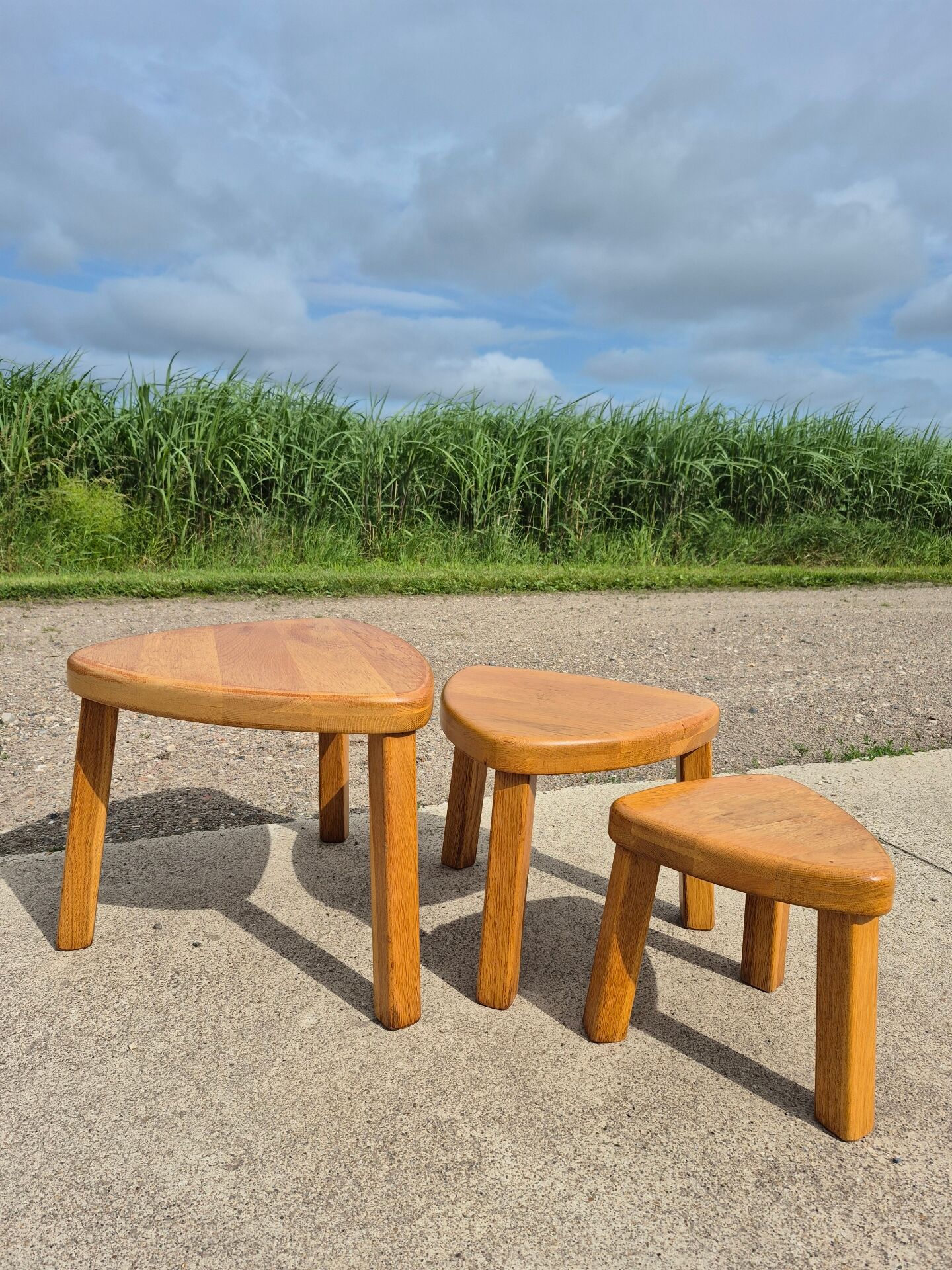 Set 3 Vintage brutalist oak side nesting tables triangular