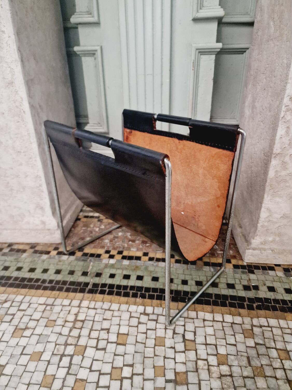 Vintage Brabantia magazine rack in black leather