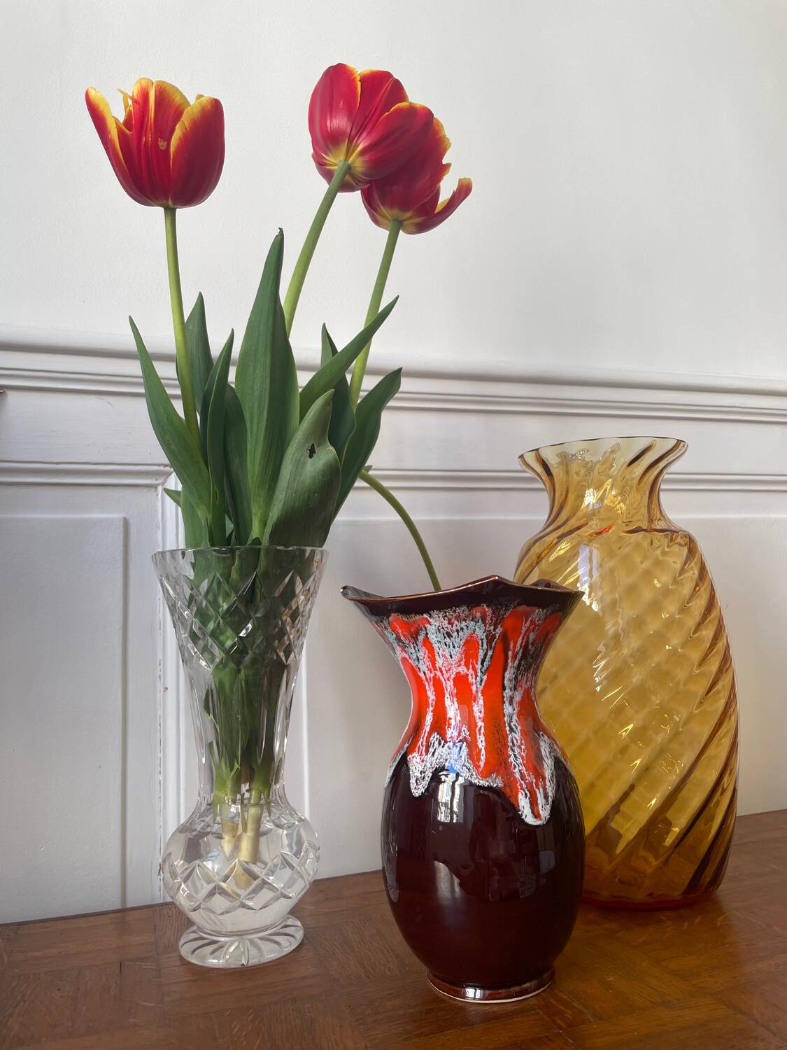 Vallauris vase in brown and orange fat lava