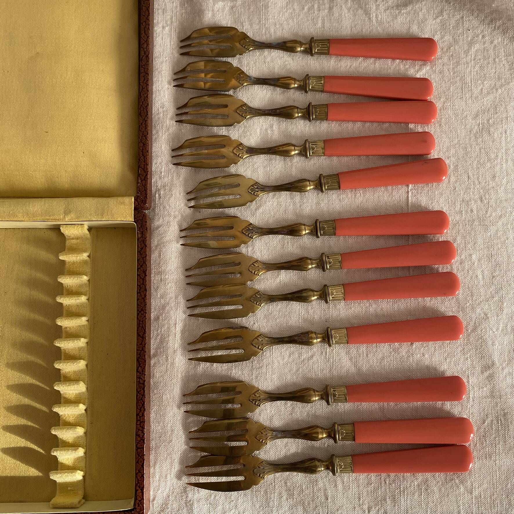 Set of 12 coral and gold dessert forks