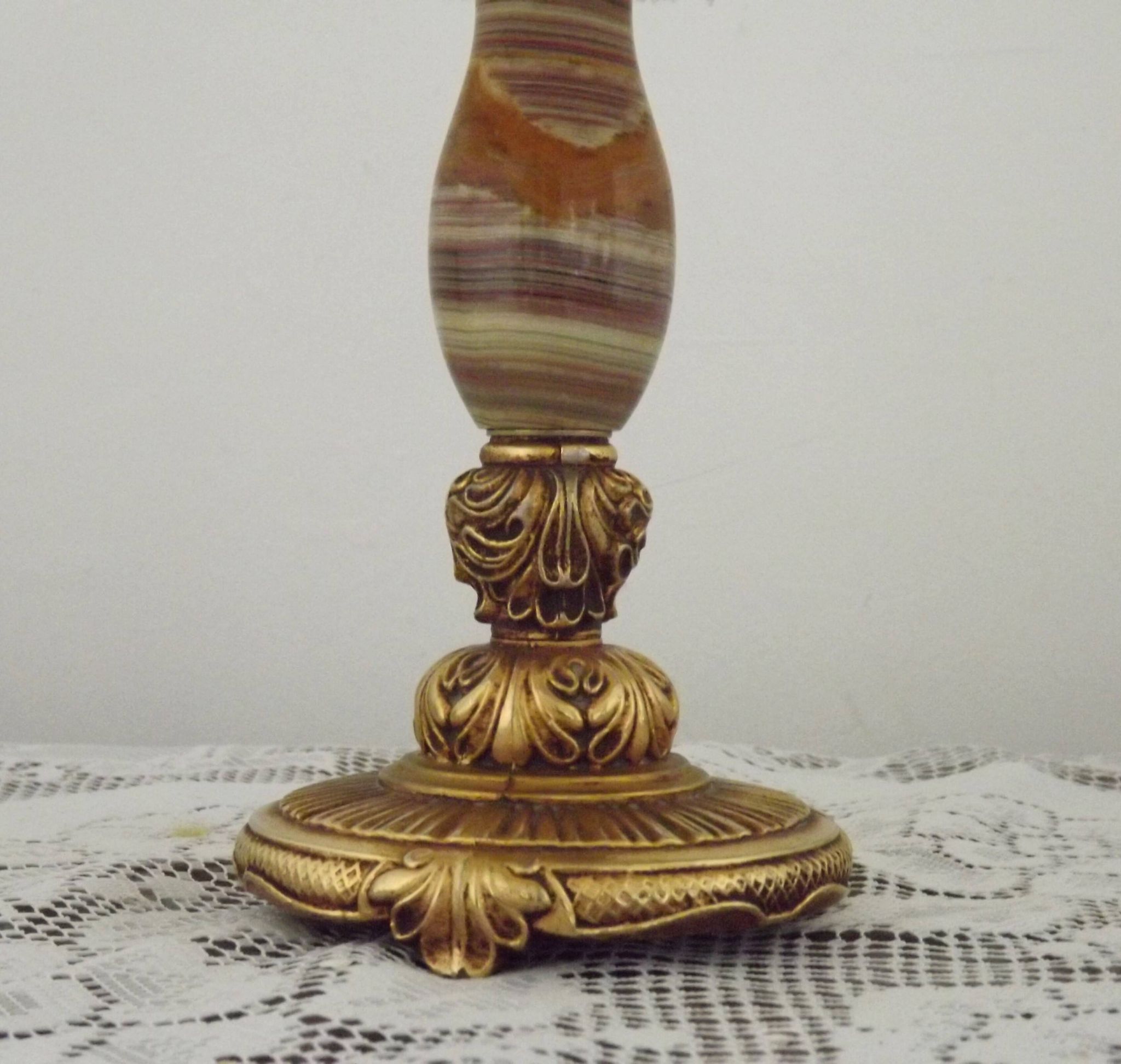 Vintage French Round Brass and Onyx Table Lamp With Cream Fringed Shade