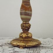 Vintage French Round Brass and Onyx Table Lamp With Cream Fringed Shade