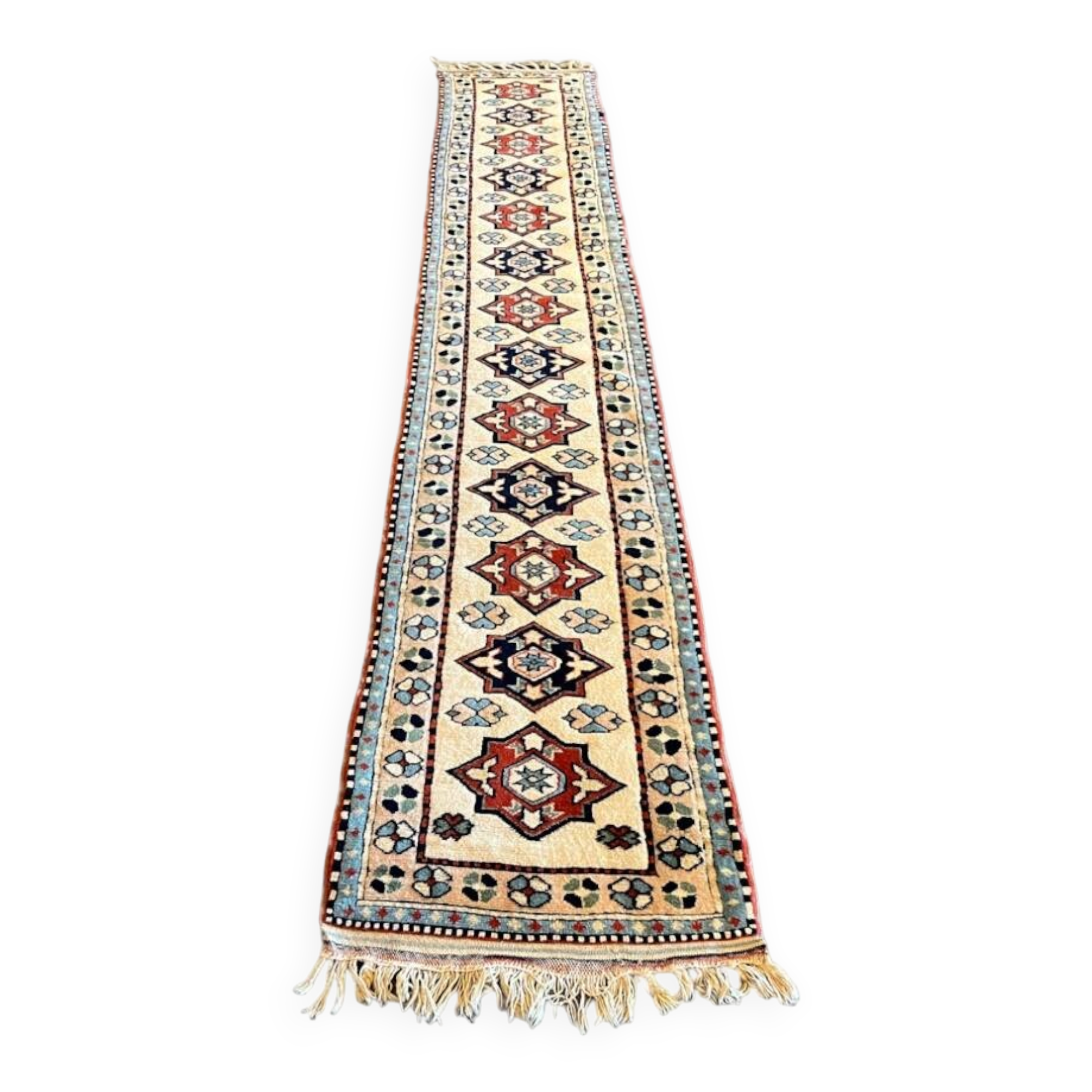 Baby Blue and Beige Long Vintage Hallway Runner