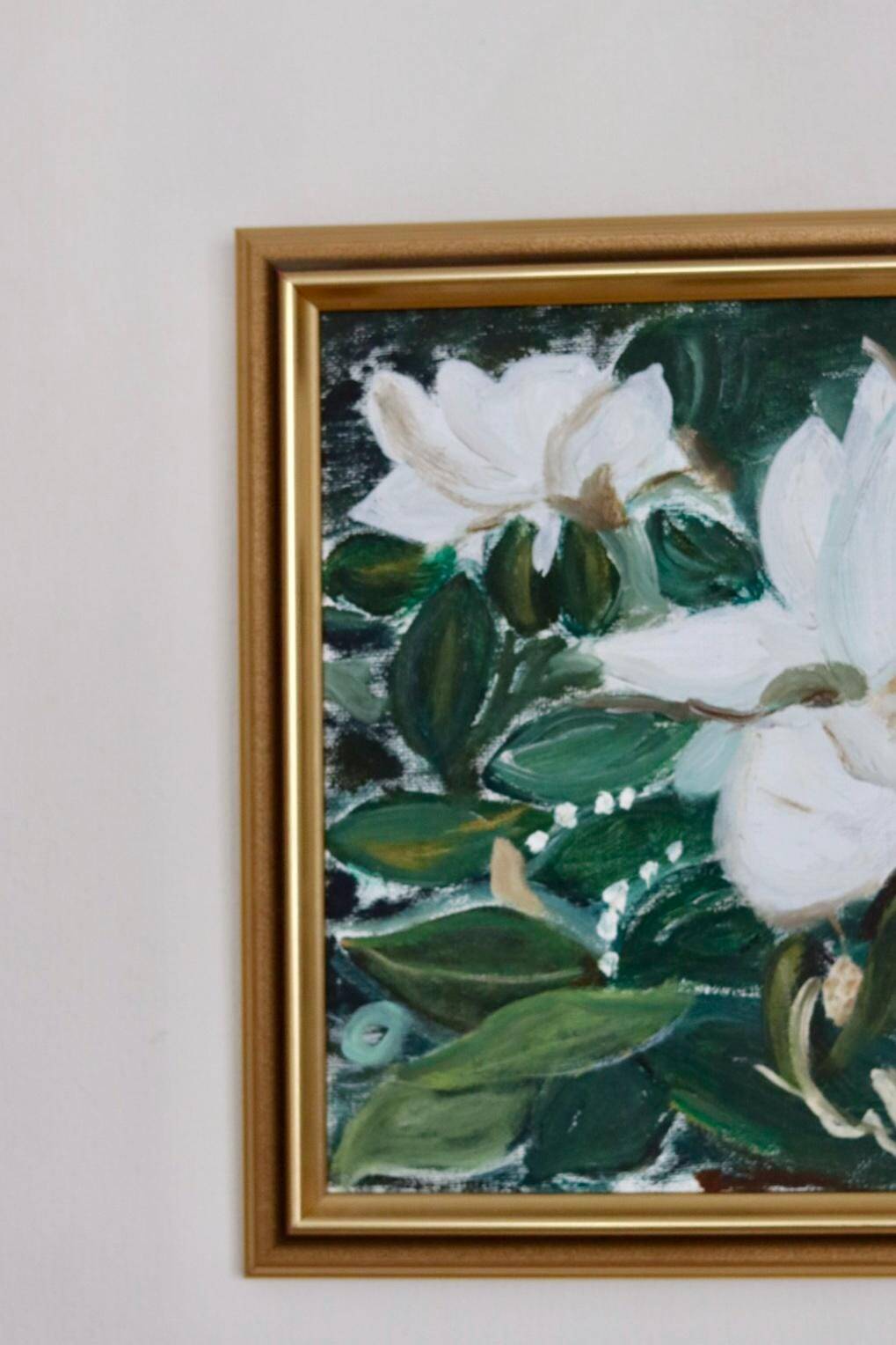 Huile sur toile « Motifs floraux » par Eila C, Suède milieu XXème