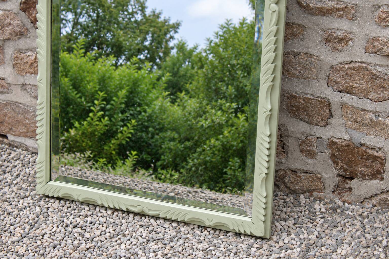 Large antique bevelled mirror in carved solid wood, green lizard – 129 × 75