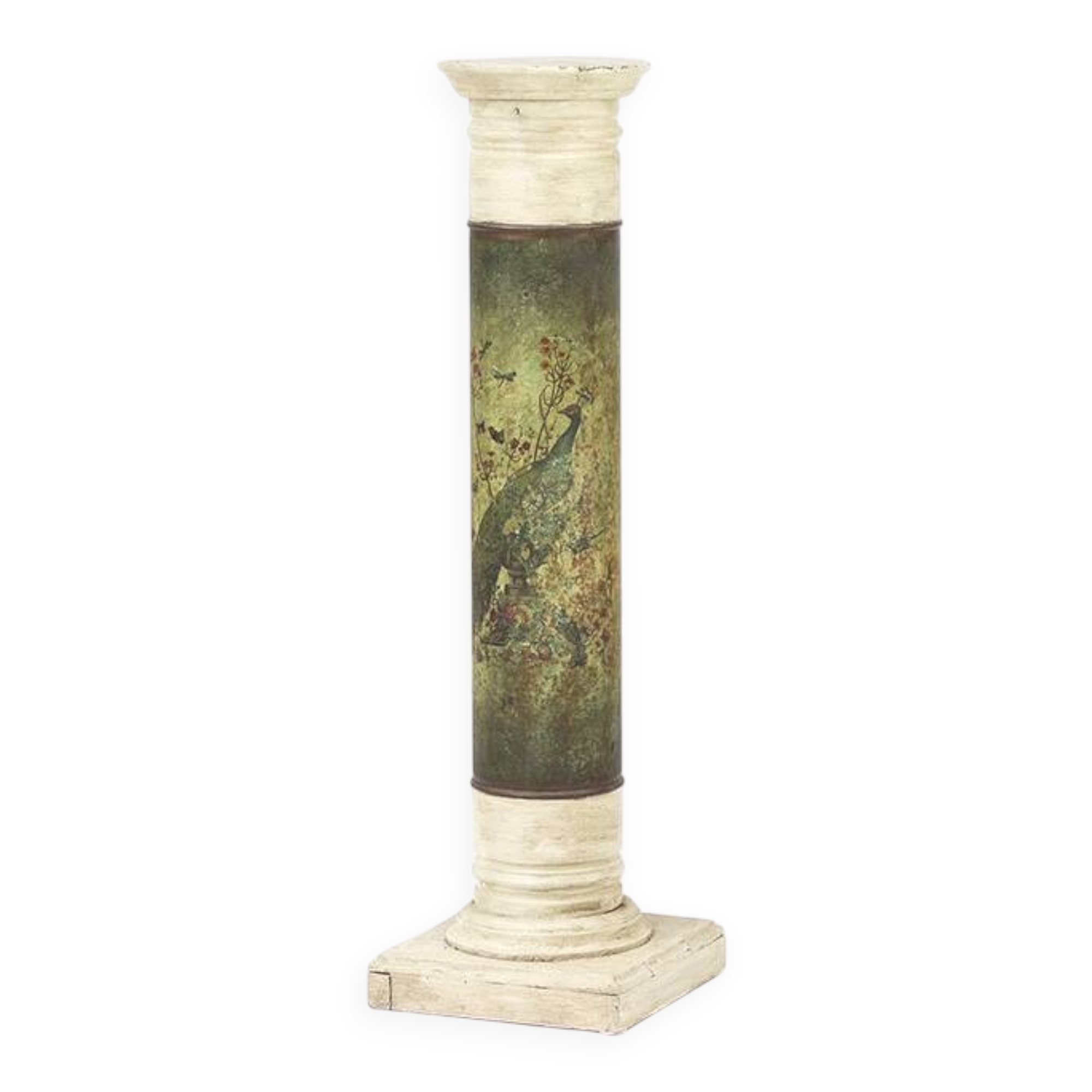 Antique Weathered Folk Art Painted Pedestal with Peacock