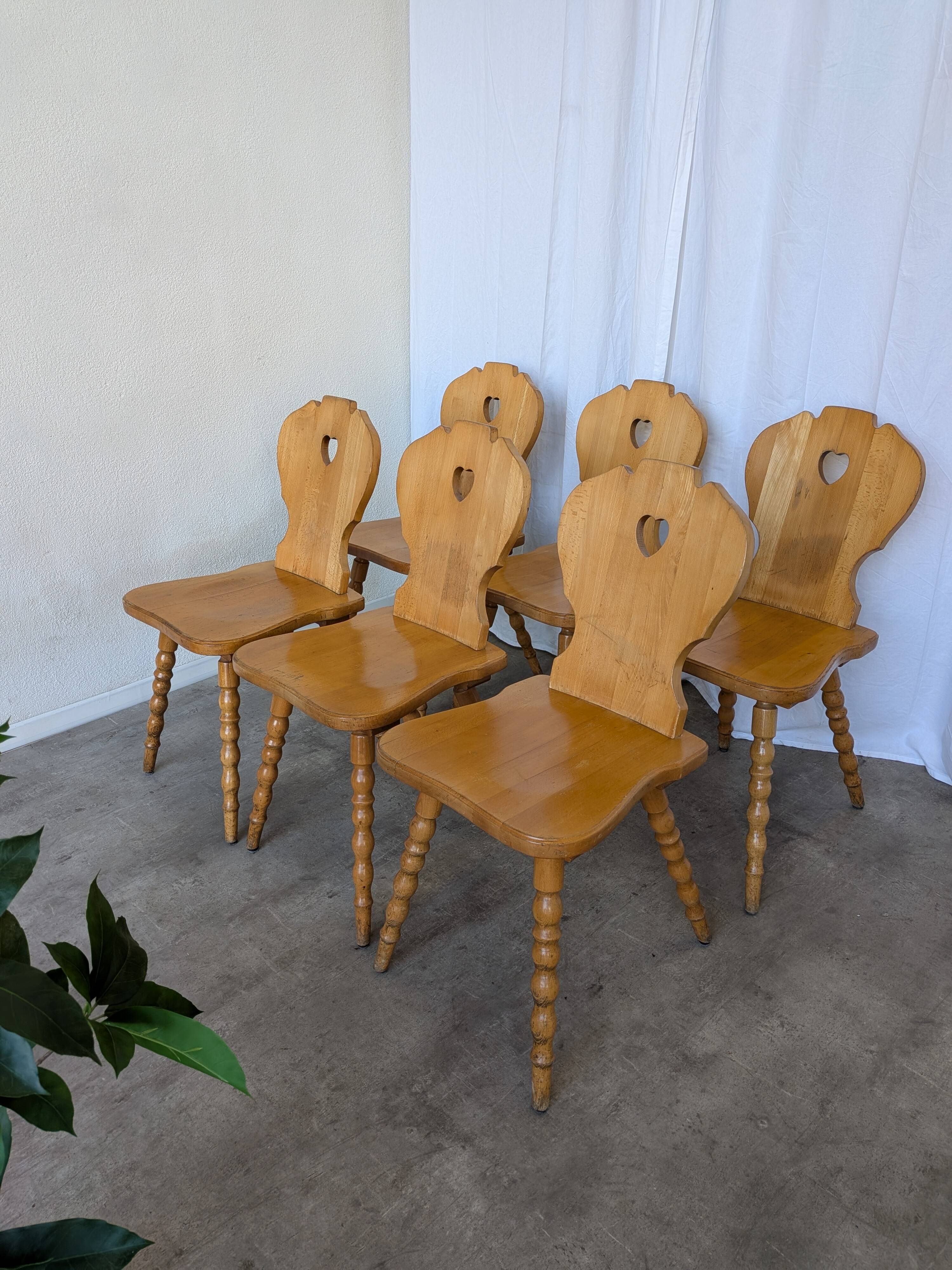 Set of 6 Vintage Tyrolean Heart Cutout Wooden Dining Chairs, Farmhouse