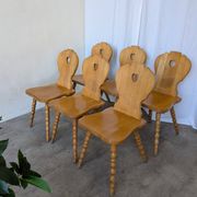Set of 6 Vintage Tyrolean Heart Cutout Wooden Dining Chairs, Farmhouse