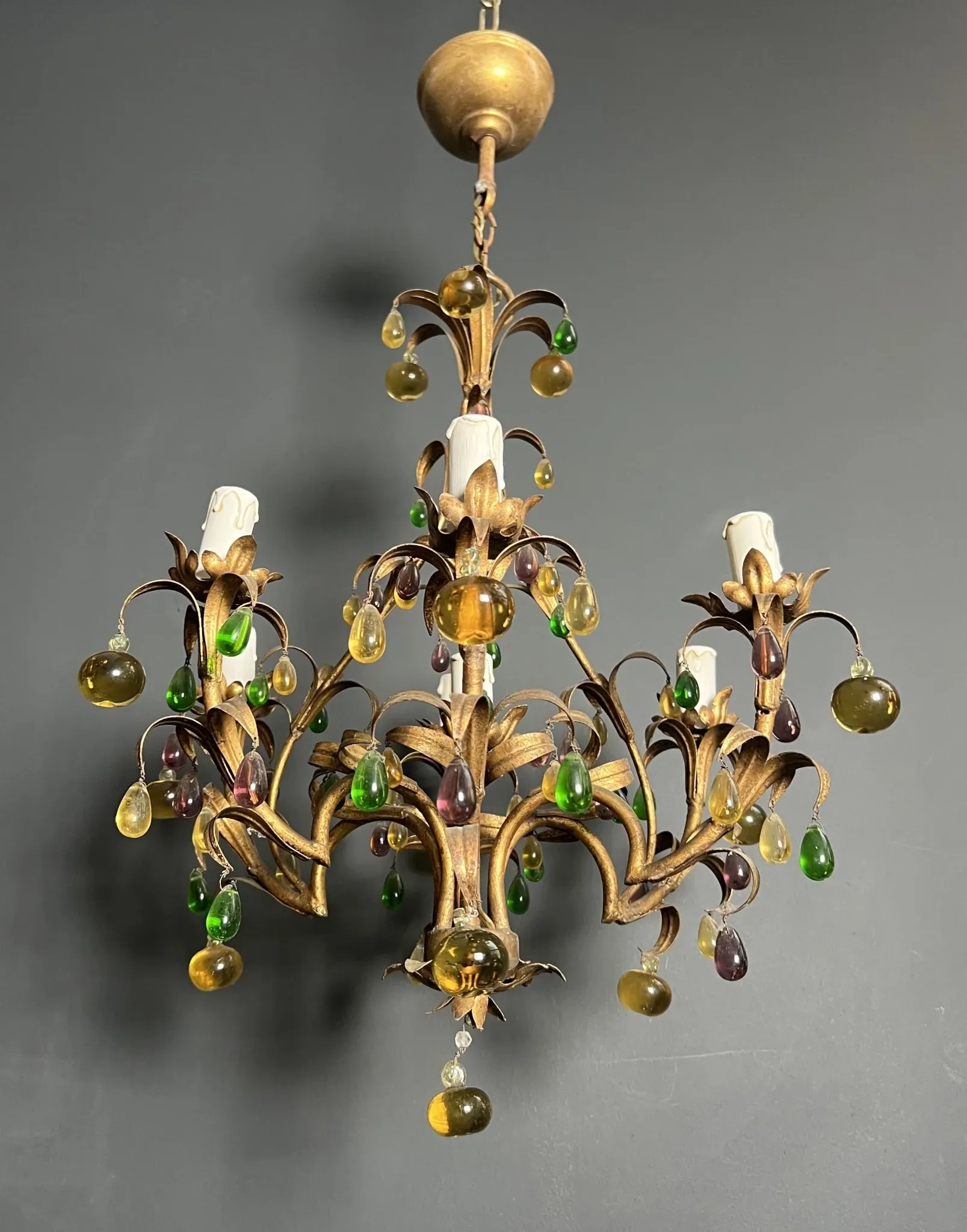 Golden Metal Cage with Leaf and Multi-Coloured Glass Fruit Decoration