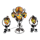 Garniture de trois lampes en bronze et verre de Murano polychrome, XXe Siècle