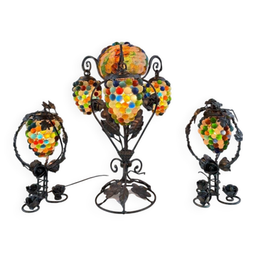 Garniture de trois lampes en bronze et verre de Murano polychrome, XXe Siècle