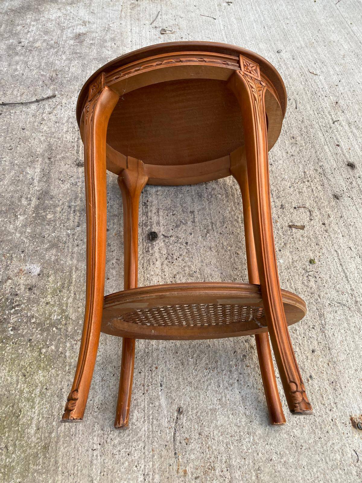 Louis XV oval pedestal table carved in solid cherry wood with cane bedside table