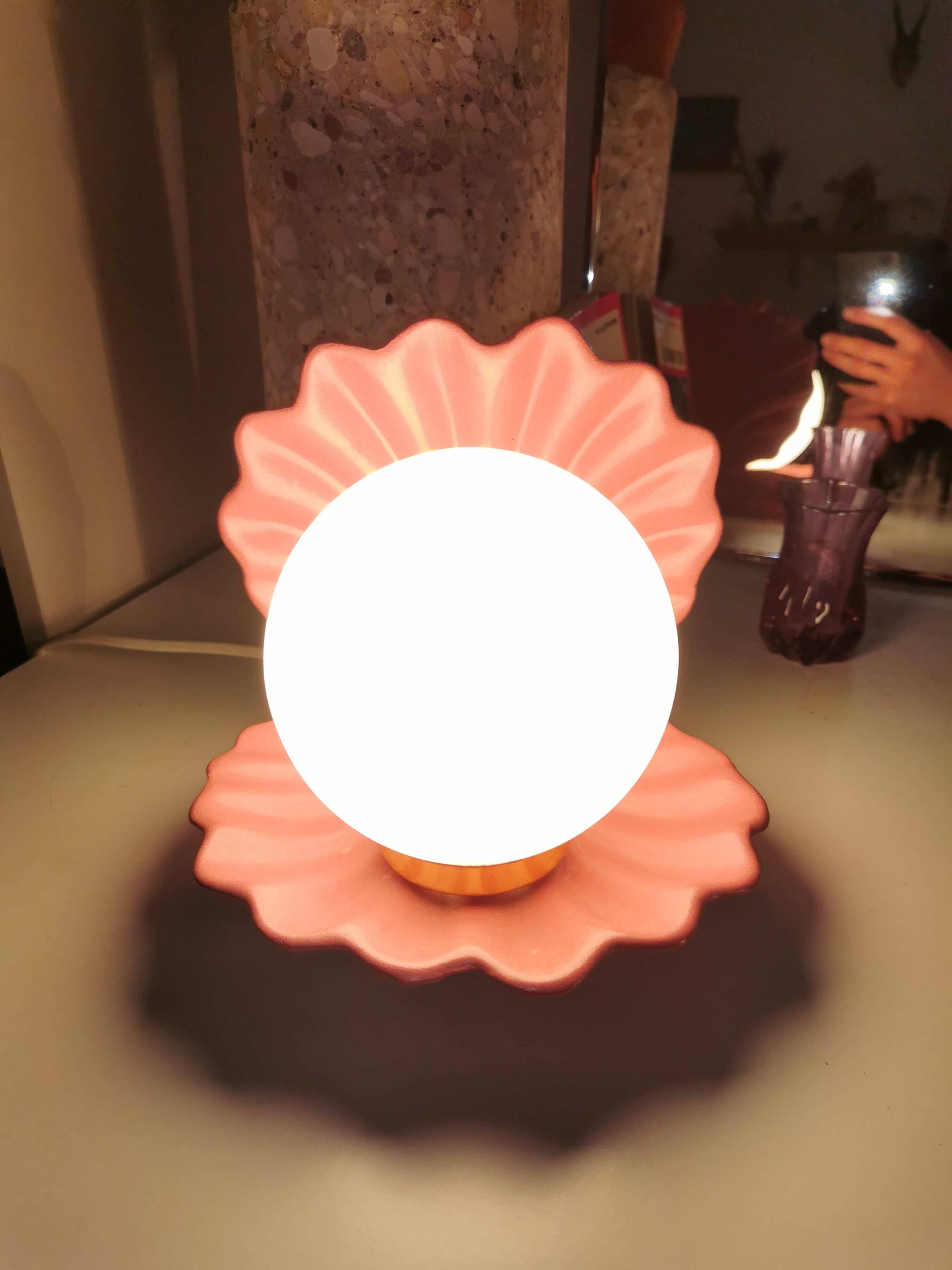 Ceramic shell lamp and opaline bead, saint-jacques, france, 1980