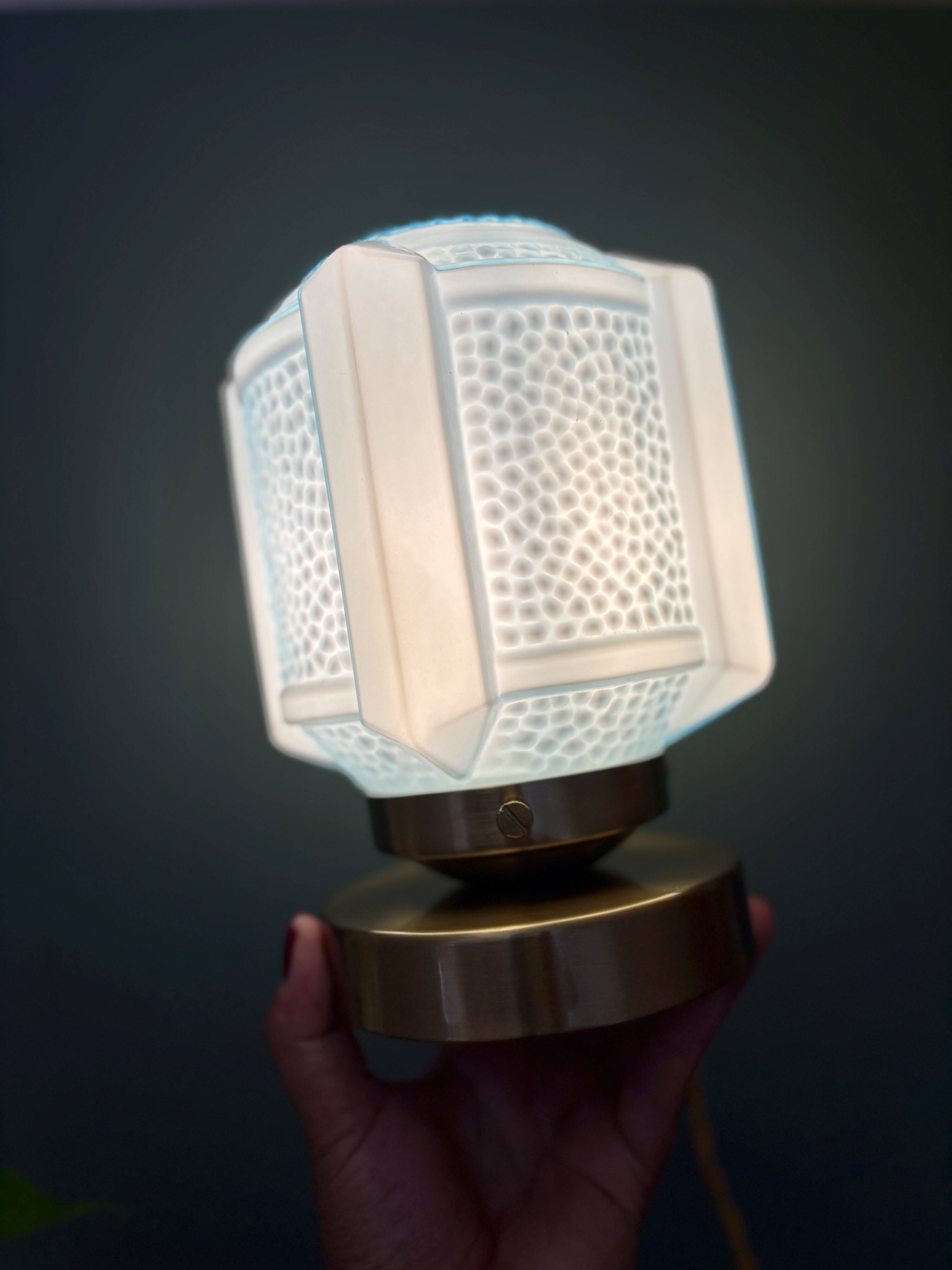 Vintage art deco globe table lamp in blue opaline