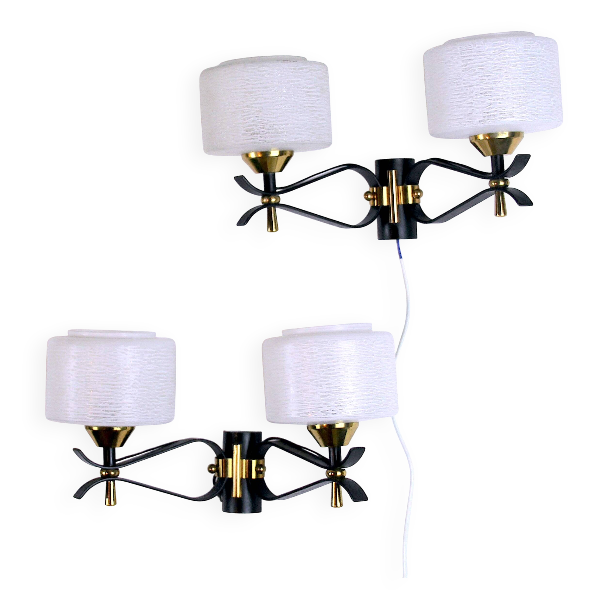 Pair of double wall sconces, Maison Arlus, Mid-Century, black brass opaline