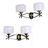 Pair of double wall sconces, Maison Arlus, Mid-Century, black brass opaline